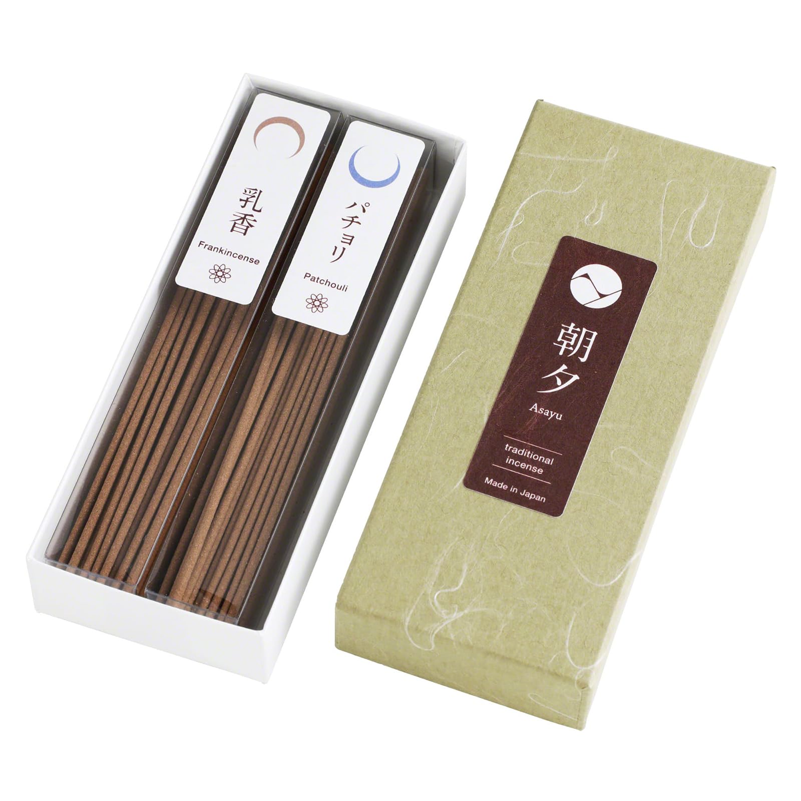 Asayu Japan Traditional Incense Reflection Sticks Set - Frankincense and Patchouli - ca. 40 sticks, 20gr (2x) - Made in Japan Quality 2-in-1 Incense Kit - Perfect for Meditation and Relaxation
