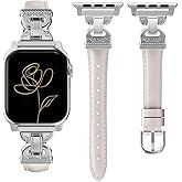 Vipluck Slim Leather Band Compatible with Apple Watch Bands Women 38/40/41/42mm Dressy Thin Leather Strap with Designer Interlock Buckle for iWatch Series 10/9/SE/8/7/6/5/4/3/2/1, Starlight+Silver