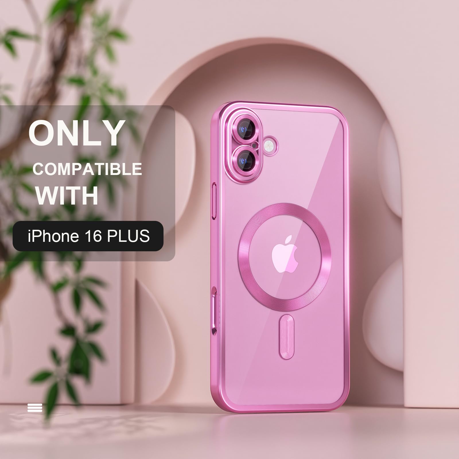 Misea Magnetic iPhone 16 Plus Case with MagSafe, Never Yellowing | Military Grade Drop Protection | Full Camera Lens Protector | Plating Soft Clear Phone Case | for Women Girls | 6.7 inch | Hot Pink