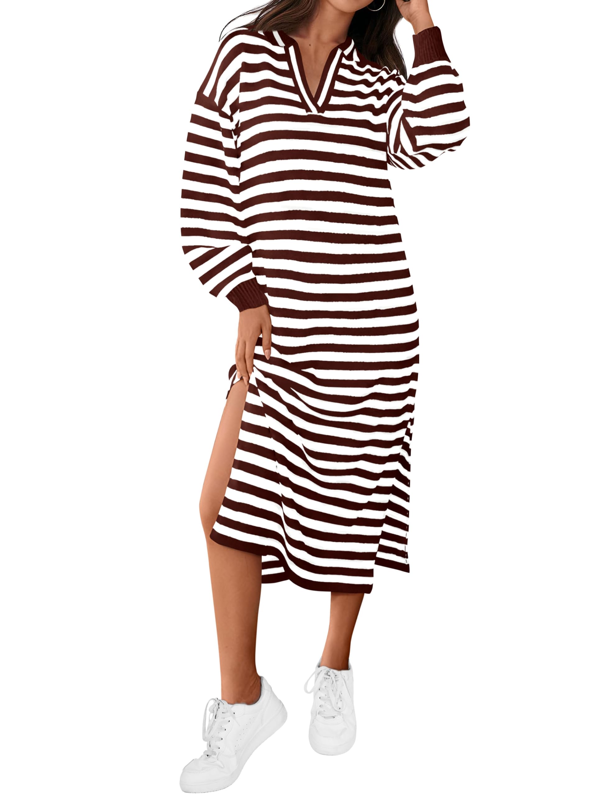 Photo 1 of MASCOMODA Womens Fall Dresses 2024 Striped Sweater Dress Casual Long Sleeve V Neck Collared Loose Side Slit Knit Midi Dress(Coffee,Medium)