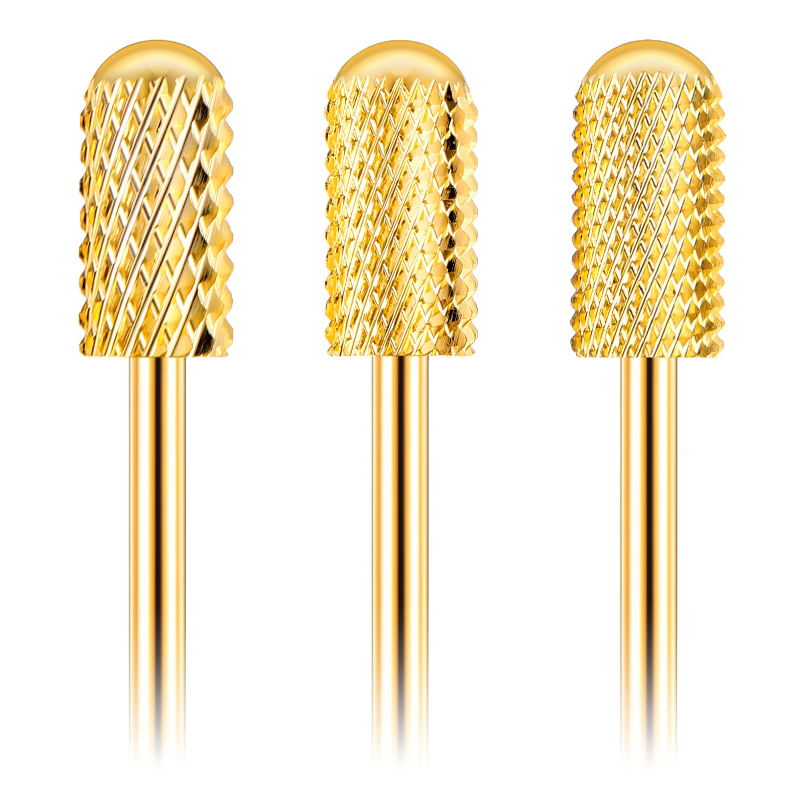 Telooco 3Pcs Gold Safety Nail Drill Bits Round Head Barrel Carbide Nail Drill Bits 5 in 1 Efile Nail Drill Bits Manicure Tools for Manicure Cuticle Removal Acrylic Gel Nails (XC & M & XF)