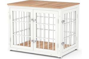 rehomerance 32 Inch Heavy Duty Dog Crate Furniture for Medium and Small Dogs, Decorative Pet House End Table, Wooden Cage Kennel Furniture Indoor, Natural and White