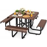 LZBEITEM 46" Square Outdoor Picnic Table, Stylish Commercial Metal Table Bench Sets for 6/8,Brown
