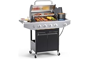 EUHOME 4-Burner Propane Gas BBQ Grill with Side Burner, 46,500 BTU Output Stainless Steel Barbecue Grill with Enameled Cast Iron Grates and Side Tables for Outdoor Cooking Kitchen and Patio Backyard