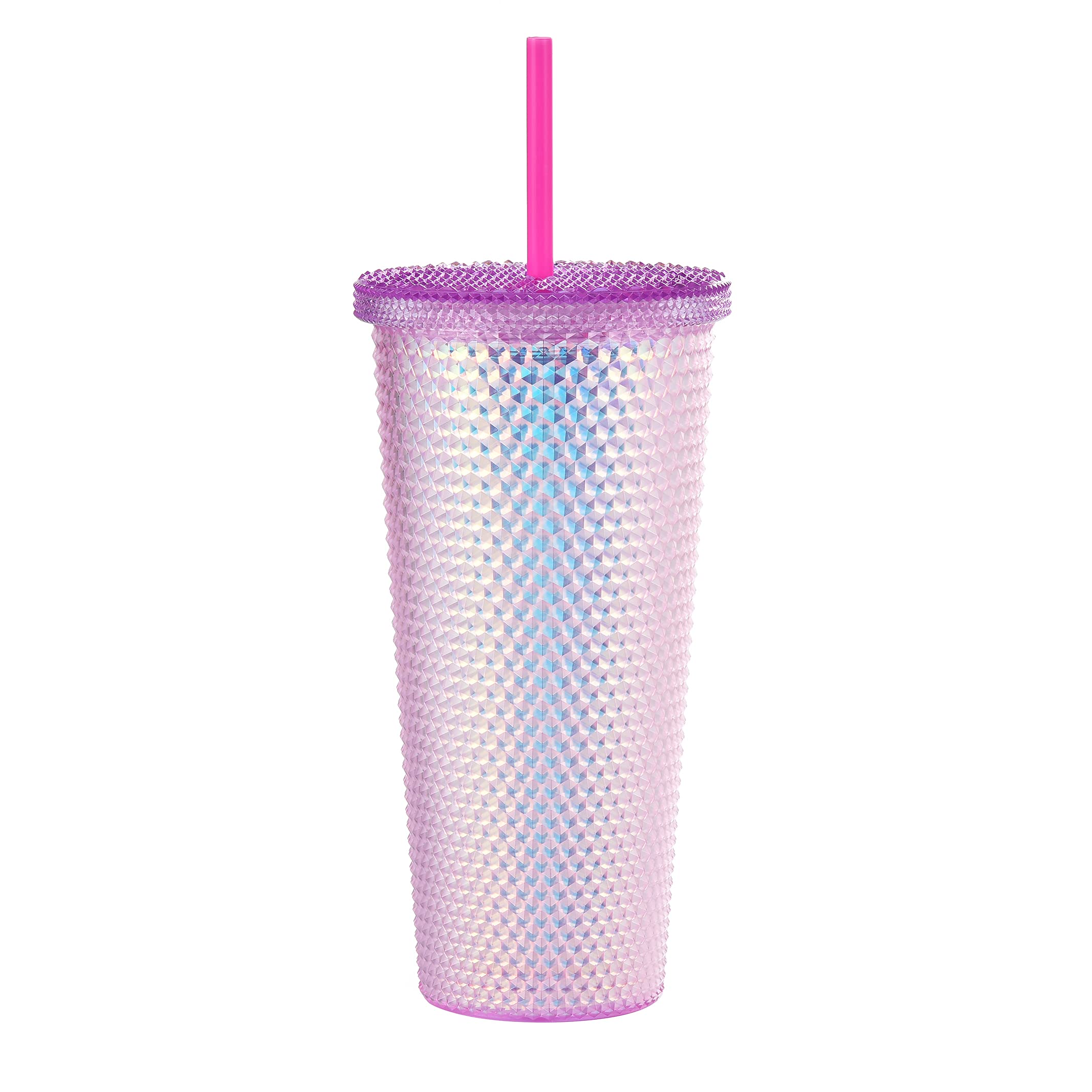 ALINK Studded Tumbler with Lid and Straw, Plastic Water Bottle, Iced Coffee Travel Mug Cup - Pink