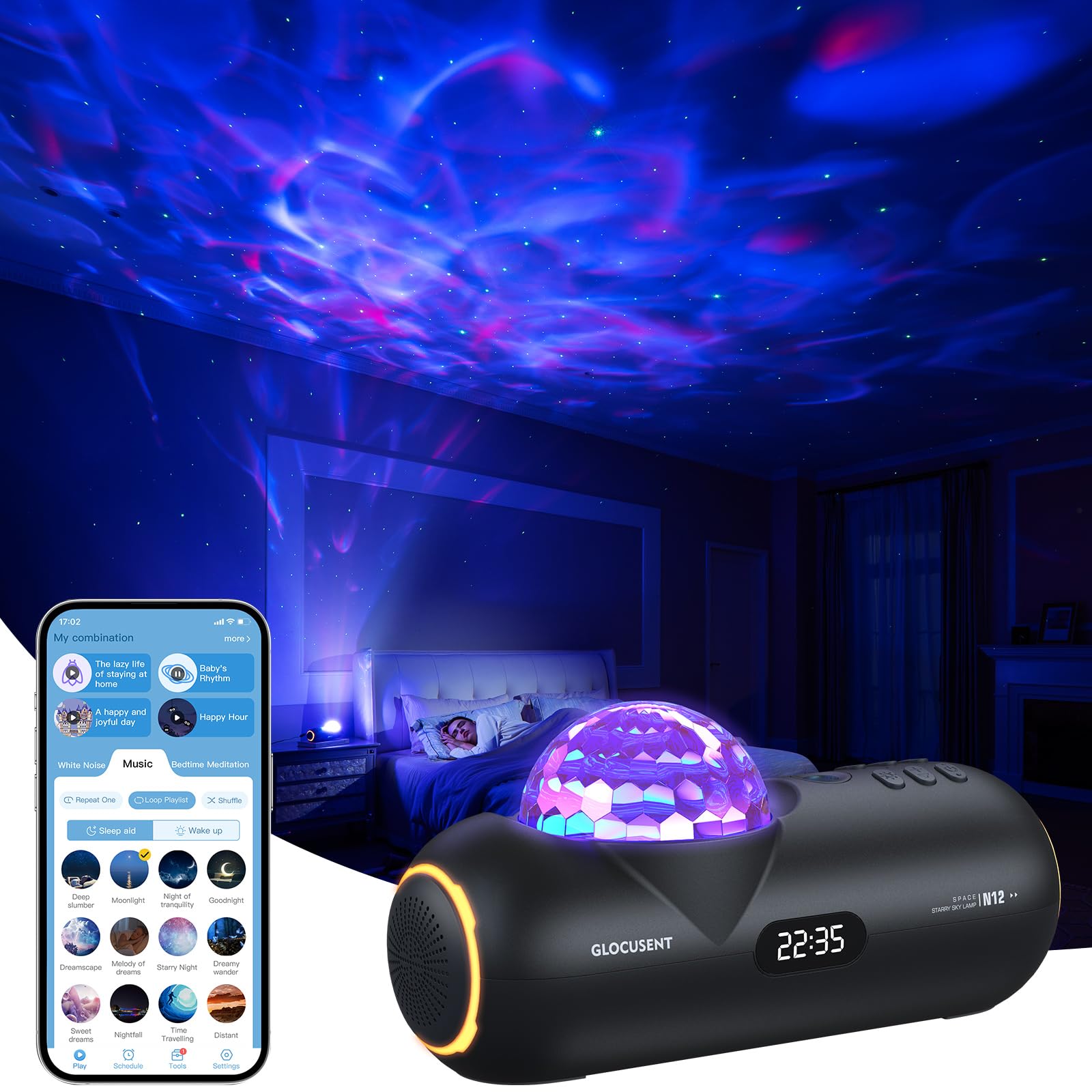 Photo 1 of ***SIMILAR ITEM*** Glocusent Star Projector: 60 Soothing Sounds White Noise Sound Machine with HiFi Bluetooth Speaker for Bedroom - Galaxy Projector Work with App(2.4Ghz WiFi), Gifts for Adults Kids Birthday (Black)