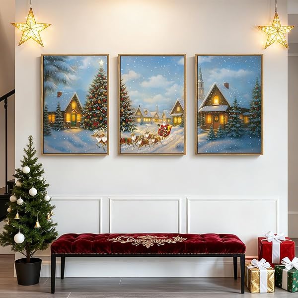 BINCUE CHRISTMAS WALL ART FRAMED SANTA CLAUS WALL ART DECOR SANTA WINTER WALL PAINTING FOR LIVING ROOM BEDROOM DINING ROOM 16X24 INCHES SET OF 3