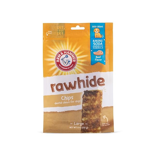 ARM & HAMMER FOR PETS RAWHIDE CHIPS FOR DOGS | REAL DOG RAWHIDE CHEWS WITH BEEF COATING AND ARM AND HAMMER BAKING SODA ENHANCED FORMULA FOR FRESH DOG BREATH (PACK OF 1,8 COUNT TOTAL)