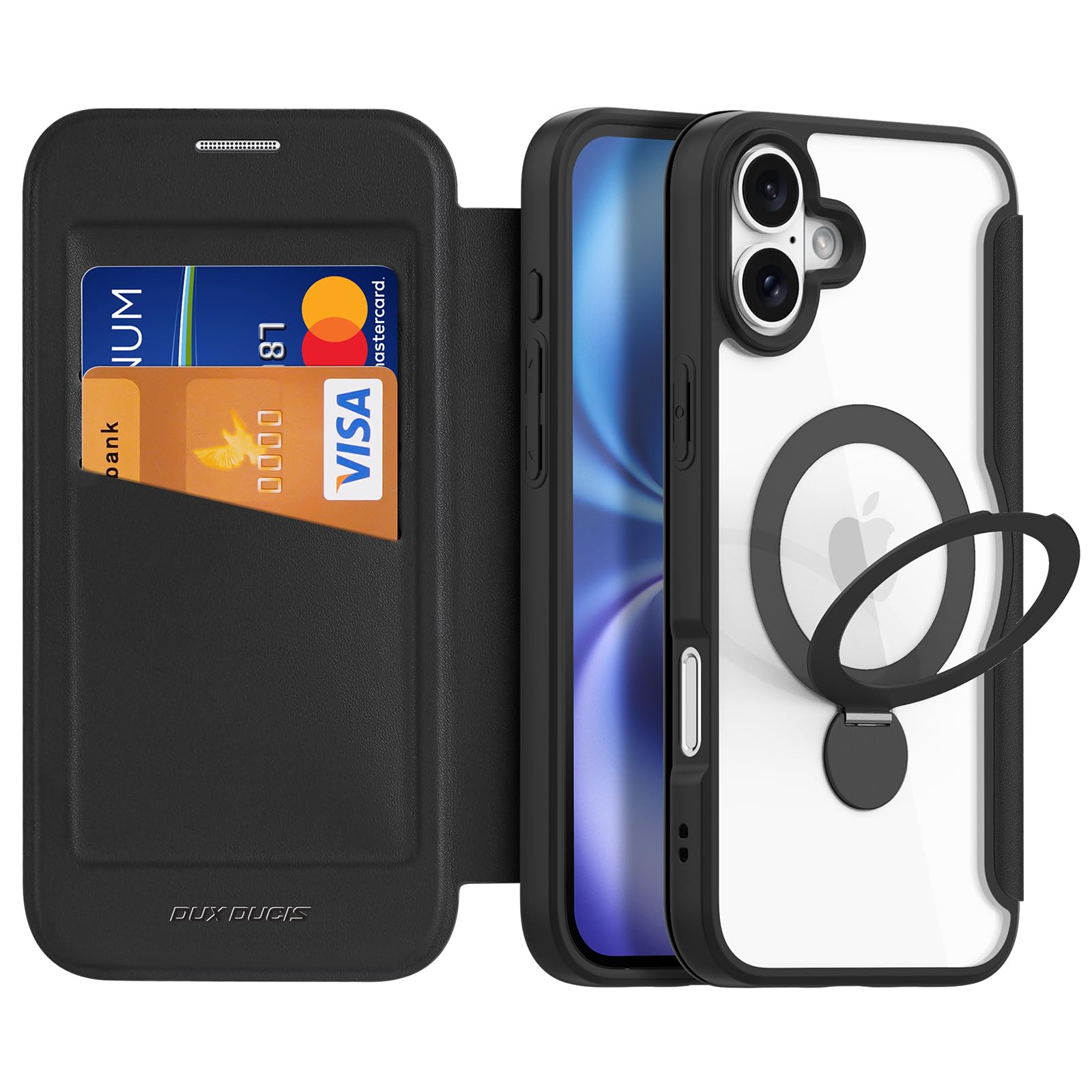 DUX DUCIS Magnetic for iPhone 16 Case, Compatible with MagSafe, 360°Spin Magnetic Stand, Premium PU Leather Wallet Case Flip with RFID Blocking Clear Shockproof Phone Cases Cover (Black)