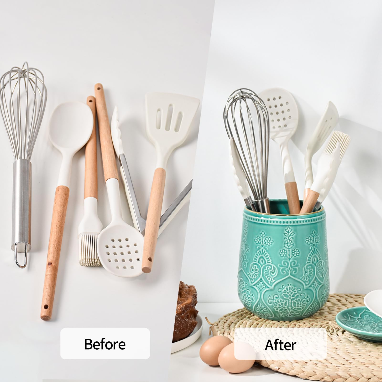 Lunaicorn Utensil Holder, Large Utensil Holder for Kitchen Counter, 6.5”Ceramic Cooking Utensil Organizer, Kitchen Decor for Counter (Turquoise)