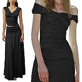 2 Piece Skirt Sets for Women - Two Pc Off The Shoulder Twist V Neck Tank Crop Top Ruched Waist Maxi Skirts Set