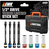 EWK 8-Piece 1/2" Drive Torque Limiting Extension Stick Set with Non-Marring Deep Impact Metric Lug Nut Sockets, 110&ndash;200 Nm (80&ndash;150 ft-lbs), CR-MO Steel, Protective Design for Custom Rims