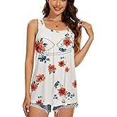 ANYFITTING Tank Top with Built in Bras Women Padded Flowy Loose Camisole Shirt Square Neck Sewn in Medium Support Wide Strap