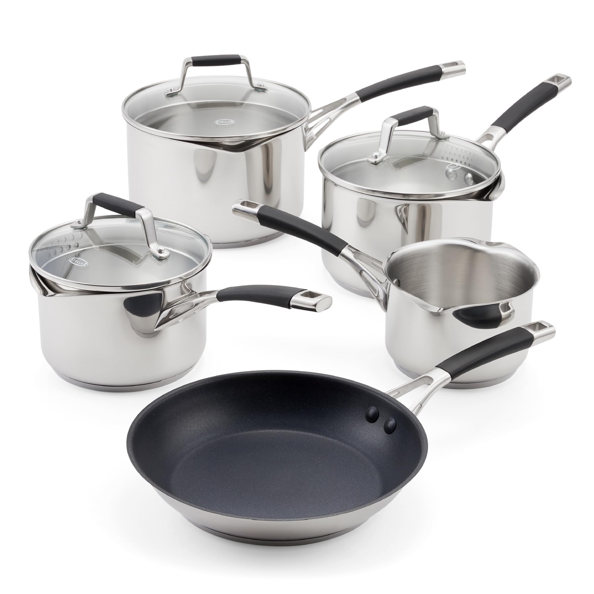 Stellar Flow 5 Piece Draining Saucepan Set - Stainless Steel Cookware Set with Draining Lids, Easy-Pour; Internal Measurement Guides – Includes 14cm Milk Pan, 3 Saucepans, 24cm Non-Stick Frying Pan
