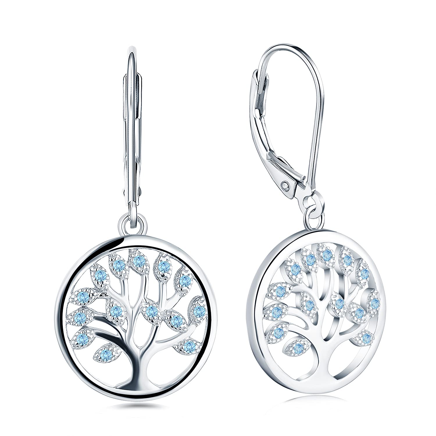 JO WISDOM Women Earrings,925 Sterling Silver March Birthstone Aquamarine Color Family Tree of Life Drop & Dangle Earrings