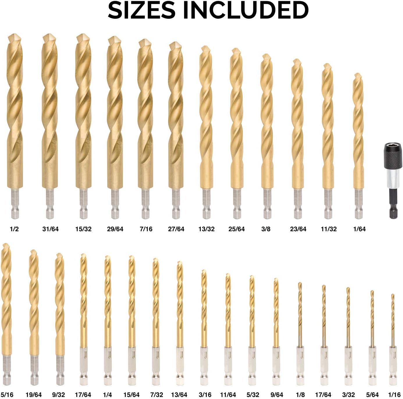 Tooluxe 10055L Titanium Coated Hex Shank Drill Bit Set, 30 Piece | Quick Change Design | 1/16" - 1/2" - Jobber Drill Bits - 