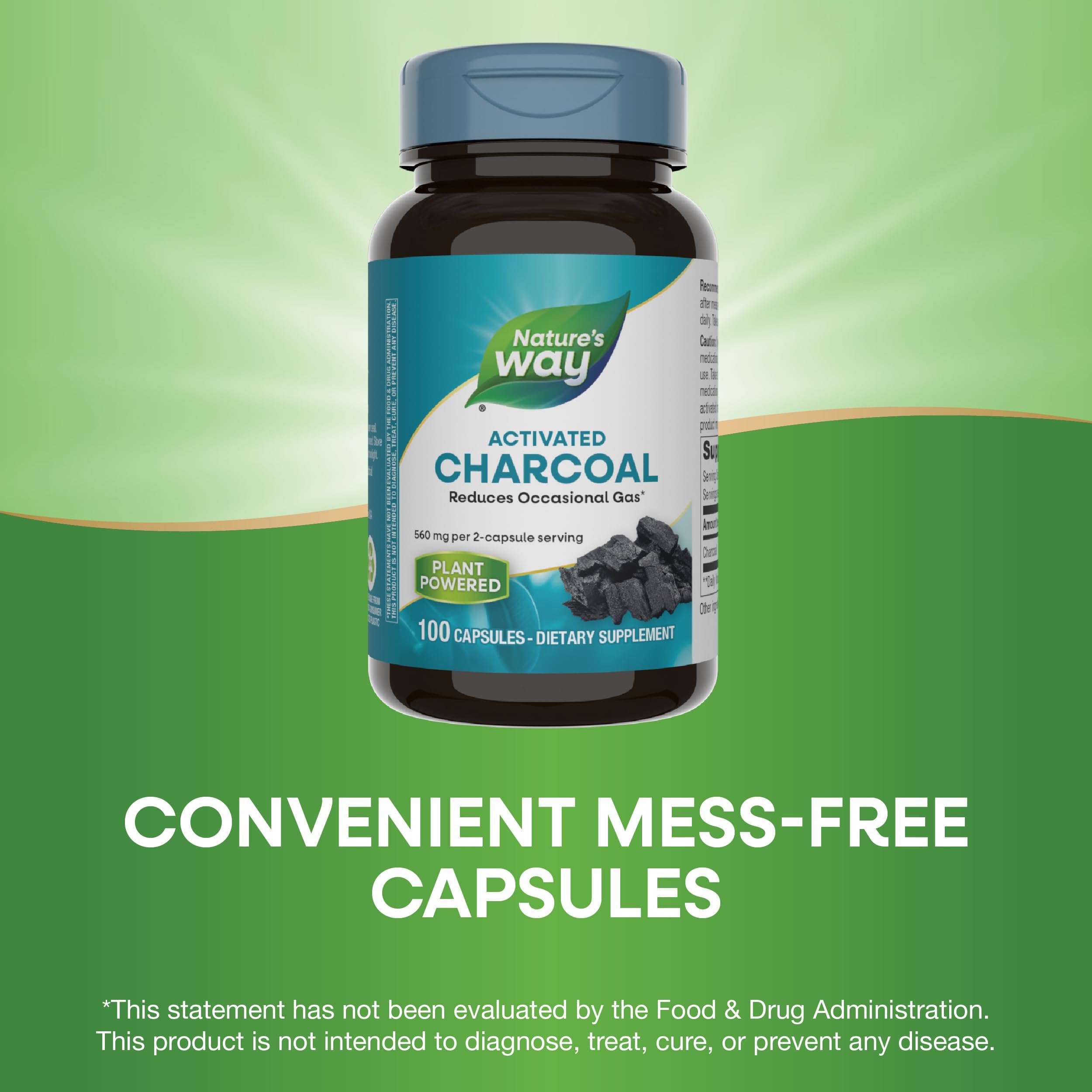 Nature's Way Activated Charcoal, Binds Unwanted Materials and Gas in the Digestive Tract*, 560 mg per 2-Capsule Serving, 100 Capsules (Packaging May Vary)