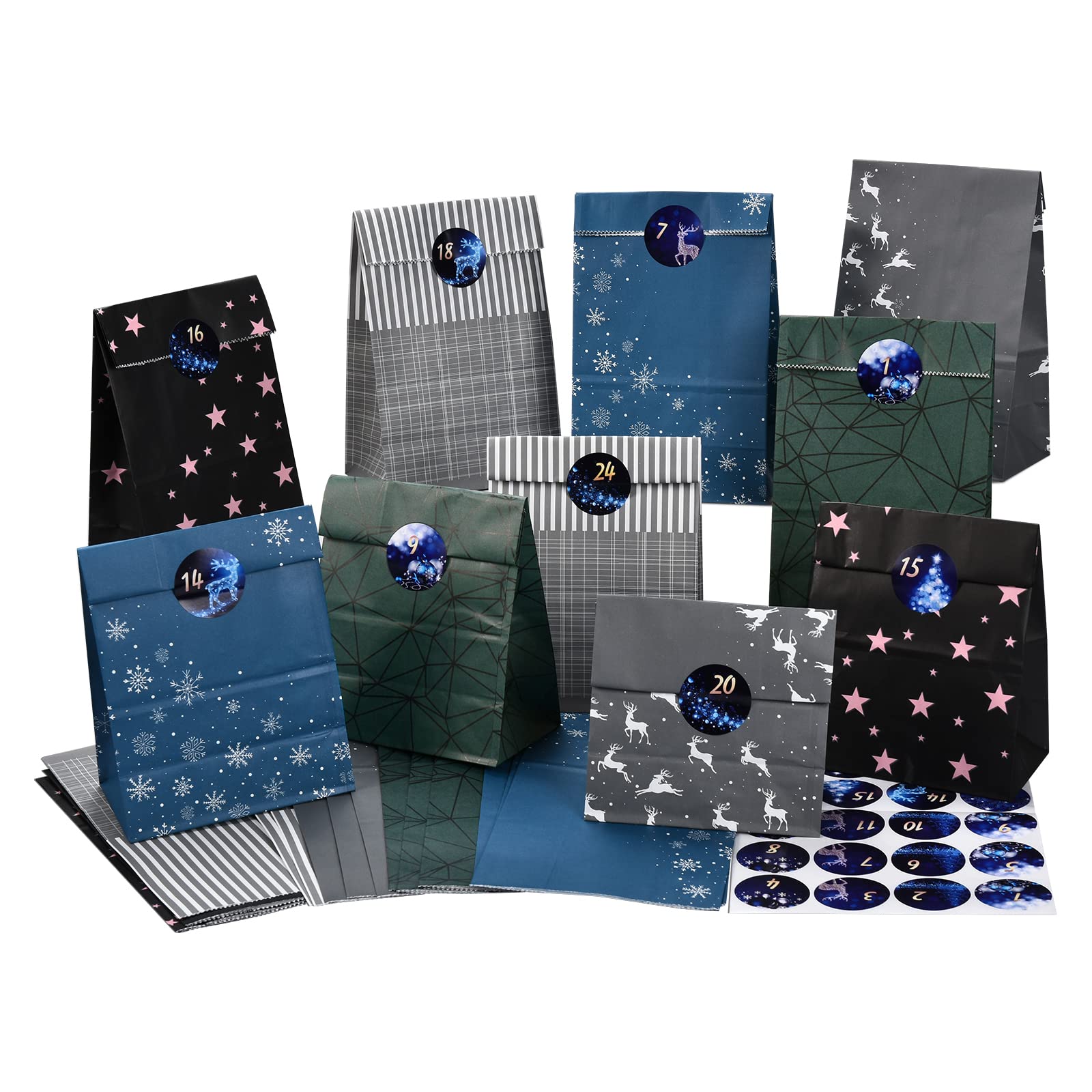 PANSIBY Advent Calendar for Filling, 24 Christmas Calendar Gift Paper Bags Large to Fill Yourself, Kraft Paper Bags Advent Bags Self-Filling with Stickers for Children Boys and Men