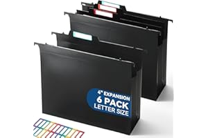 SortRax Plastic High Capacity Hanging File Folders, 4" Expanding Pocket with Movable Dividers, Heavy Duty for Filing Cabinet, Insertable Tabs, Letter Size - 6 Pack