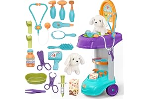 UNIH Vet Doctor Cart(24 pcs) for Toddlers 3-5, Kids Pretend Medical Play Set with Soft Plush Pet,Educational Doctor Play Set,Brithday for Boys Girls