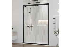 DELAVIN 57-59" W x 75" H Semi-Frameless Bypass Double Sliding Shower Door, Glass Shower Door, 1/4" (6 mm) SGCC Clear Tempered Shower Glass Door with Explosion-Proof Film, Aluminum Frame, Matte Black