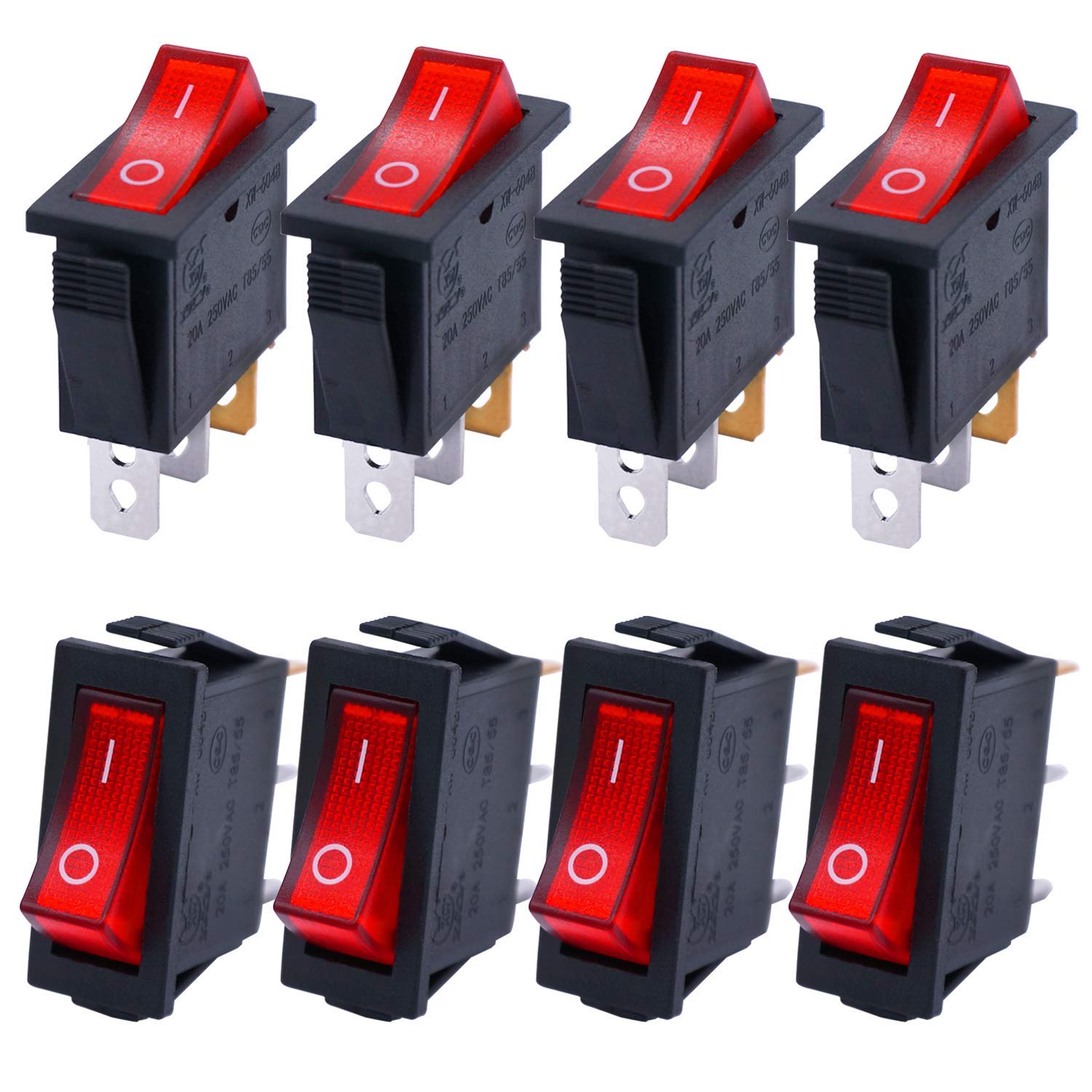 Taiss/8Pcs Rocker Toggle Switch Red Light Illuminated On/Off SPST 3 Pin 2 Position KCD3 Snap AC 250V 125V/20A KCD3-101N-R