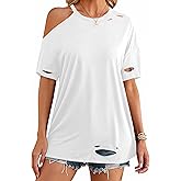 Remidoo Distressed Tshirt Women Short Sleeve Ripped Shirt Off Shoulder Tops Oversized Tee