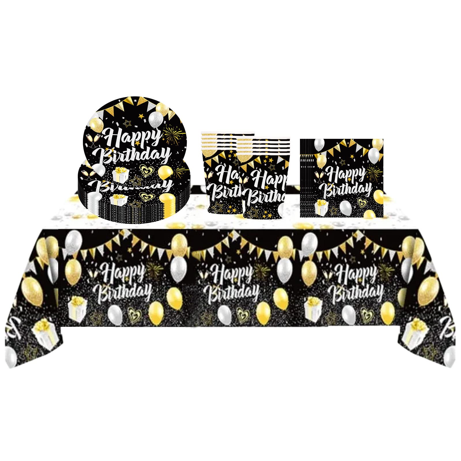 Black Gold Happy Birthday Party Decorations Tableware Set for Men,Women,Boys,Girls,31Pc Disposable Birthday Dinnerware-Plastic Tablecloth,Paper Plates,Napkins,Cups for Him,Her Birthday Party Supplies