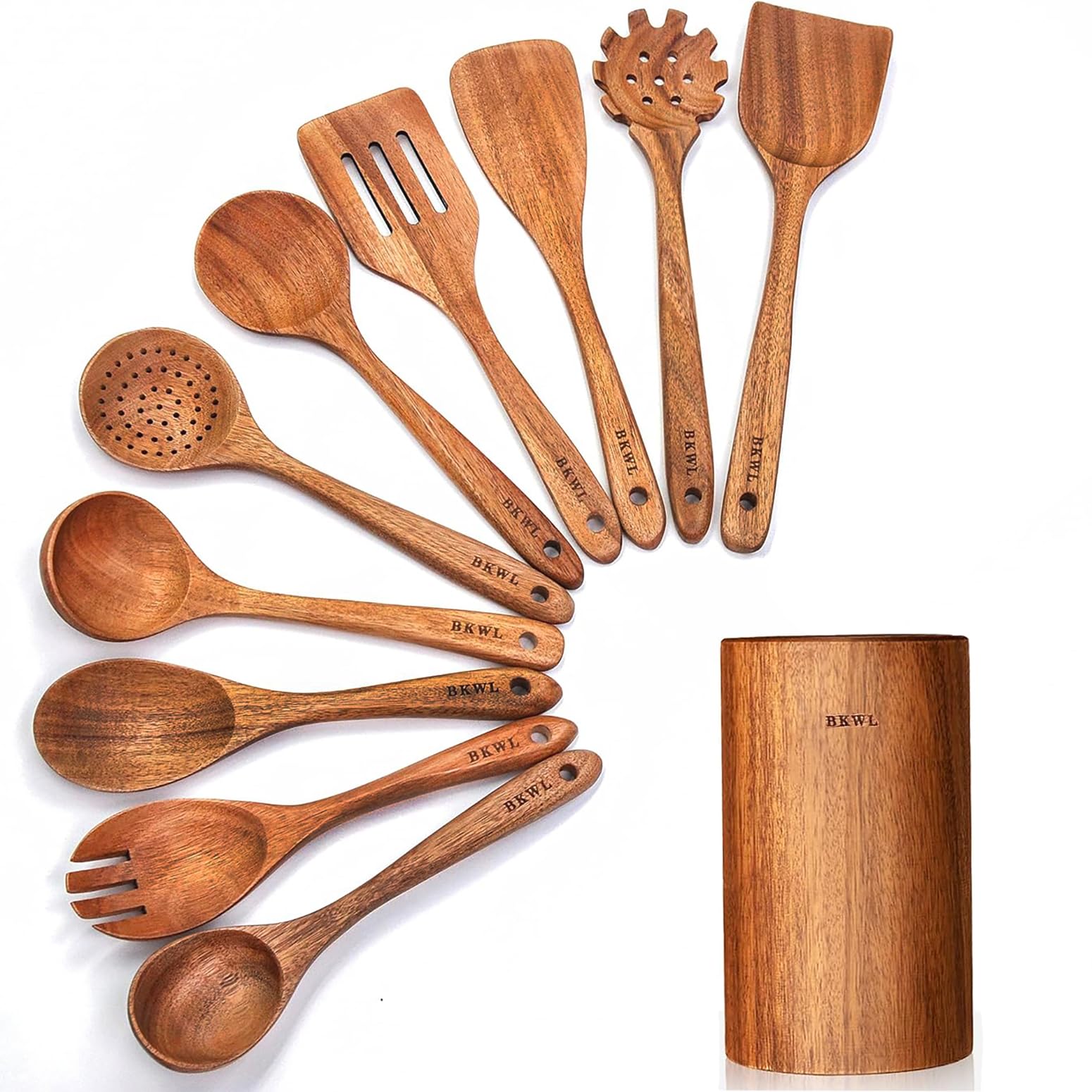 Photo 1 of 11 Pcs Wooden Kitchen Utensil Set with Holder, Wooden Spoons for Cooking Teak Wood Spoons, Spatulas and Serving Set