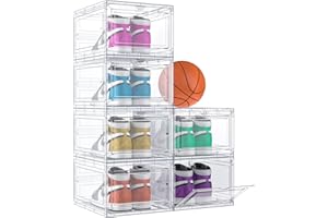 CFBF Plastic Shoe Storage Boxes, 6 Pack Clear Shoe Storage Cabinet Organizer with Magnetic Door for Closet, Drop Front Stackable Shoe Box Storage, Fit up to US Size 12, Easy Assembly