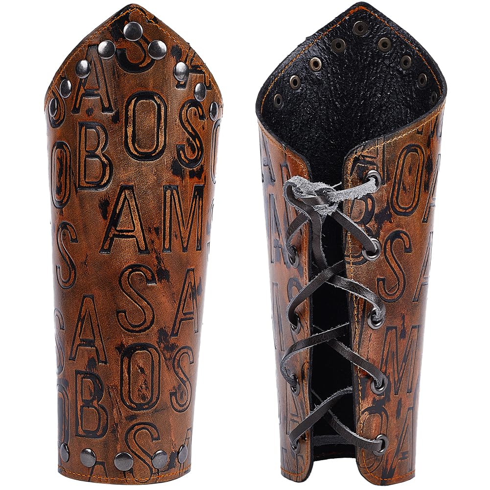 GORGECRAFT 2PCS Leather Arm Guards Medieval Leather Gauntlets Wristband Alphabet Embossing Armour Bracers Retro Gothic Adjustable Leather Arm Armor Cuff for Halloween Knight Cosplay Costume, Camel