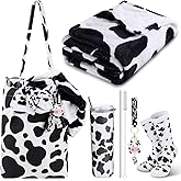 Yaomiao 5 Pcs Cow Gifts Set for Women: 20 oz Cow Pattern Stainless Steel Tumbler with Lid, Straw, Tote Bag, Warm Throw Blanket, Keychain, Animal Pattern Socks (Black White)