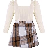 Adarl Girls Plaid Skirt Set A-Line Skort 2PCS Outfit Casual Square Neck Knit Puff Sleeve Shirt Top Fall Winter Clothes 7-14Y