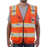 Neopelta Reflective Safety Vest Orange Mesh, High Visibility Vest with Pockets and Zipper, Padded Neck, Construction Work Vest ANSI Class 2, Orange with Yellow Trim XL