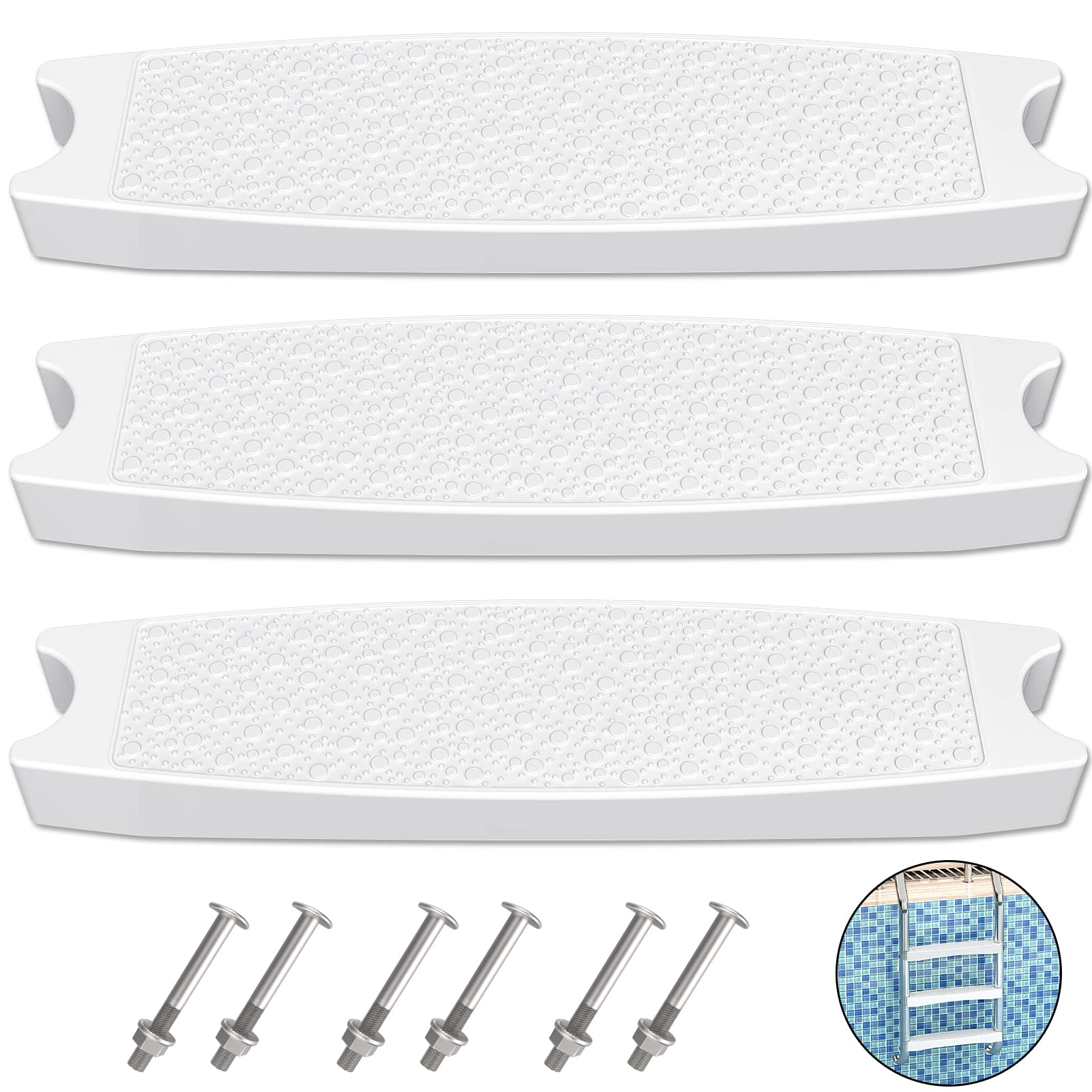 Photo 1 of **used***Goovilla Pool Ladder Steps Replacement, (3-Pack) 18" Universal Heavy-Duty Molded Plastic Swimming Pool Ladder Rung Step with 6 PCS Stainless Steel Bolts for Inground and Above Ground Pools, White