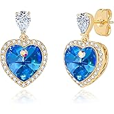 Trendy Austrian Crystal Heart Halo Drop Stud Earrings for Women 14K Gold Plated Dangle Earring Hypoallergenic Jewelry Gift