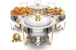 VEVOR Chafing Dish Buffet Set, 5 Qt 4 Pack, Stainless Steel Chafer with 4 Full Size Pans, Round Catering Warmer Server with L