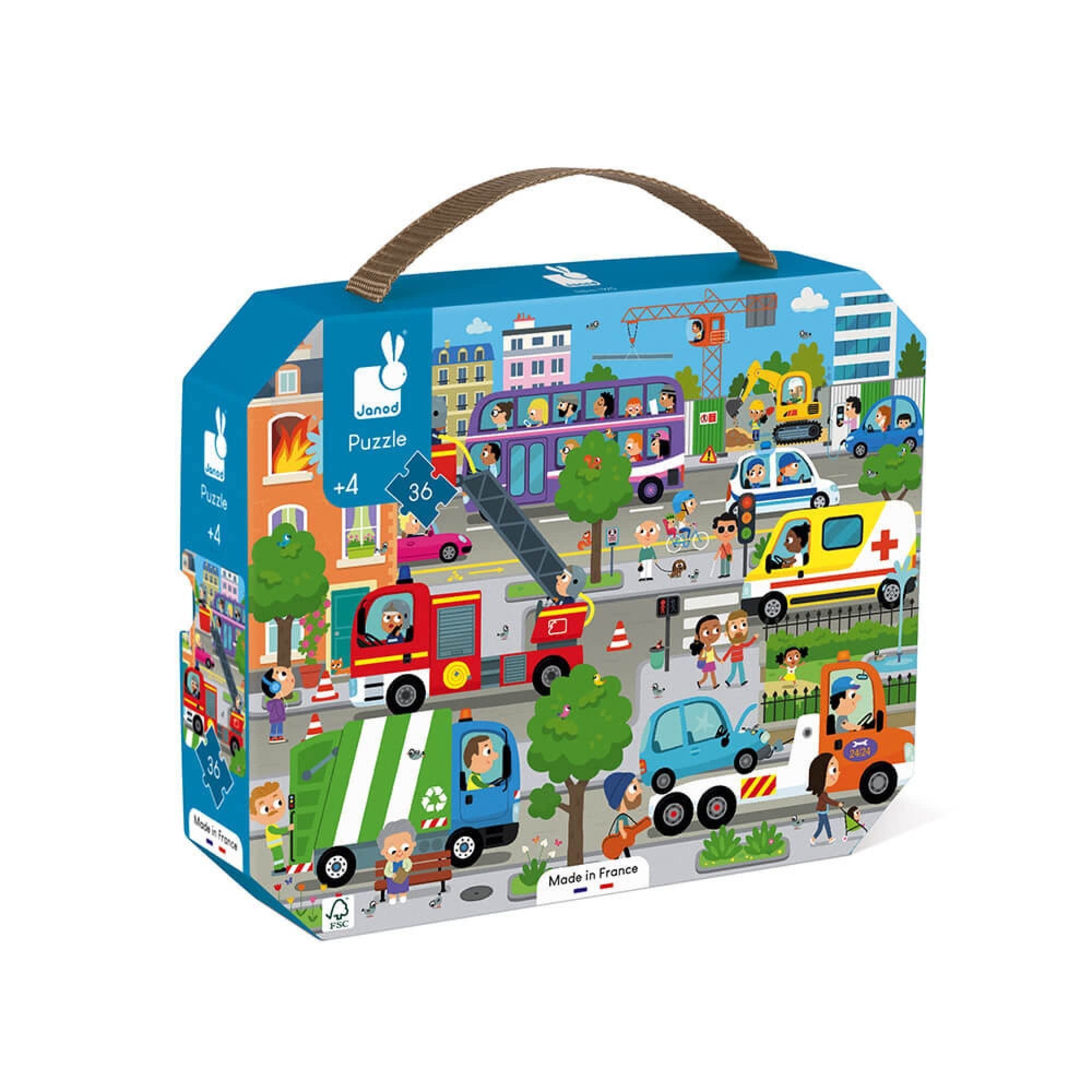 Janod - Child Puzzle City 36 Pieces - Educational Game - Fine Motor Skills and Concentration - Case with Handle - Made In France and Fsc Certified - Green Inks - from 4 Years Old, J02644