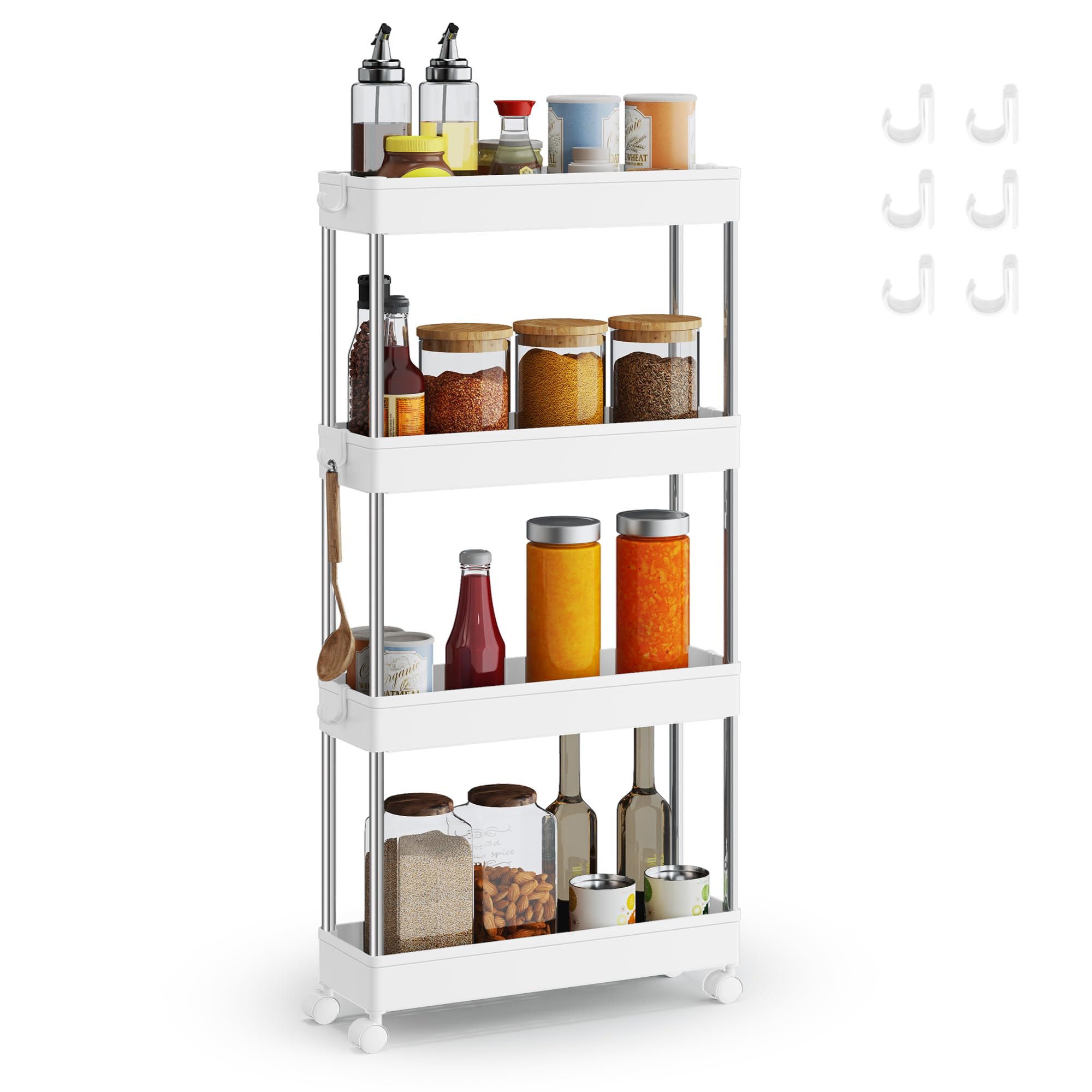 SONGMICS 4-Tier Storage Trolley, Rolling Cart with Wheels, Space-Saving Kitchen Trolley in Office Bathroom, 14.4 x 42 x 86 cm, Cloud White KSC08WT