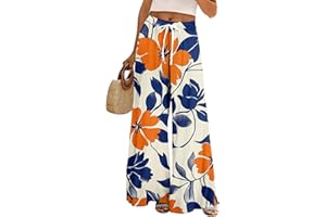 ELNEEYA Boho Wide Leg Pants for Women Flowy Drawstring Floral Palazzo Pants Baggy Tropical Hawaiian Pull on Beach Pant