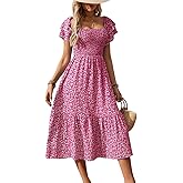 SKAYS Women's Square Neck Floral Dress Puff Sleeve Autumn Casual Ruffle Long Dress