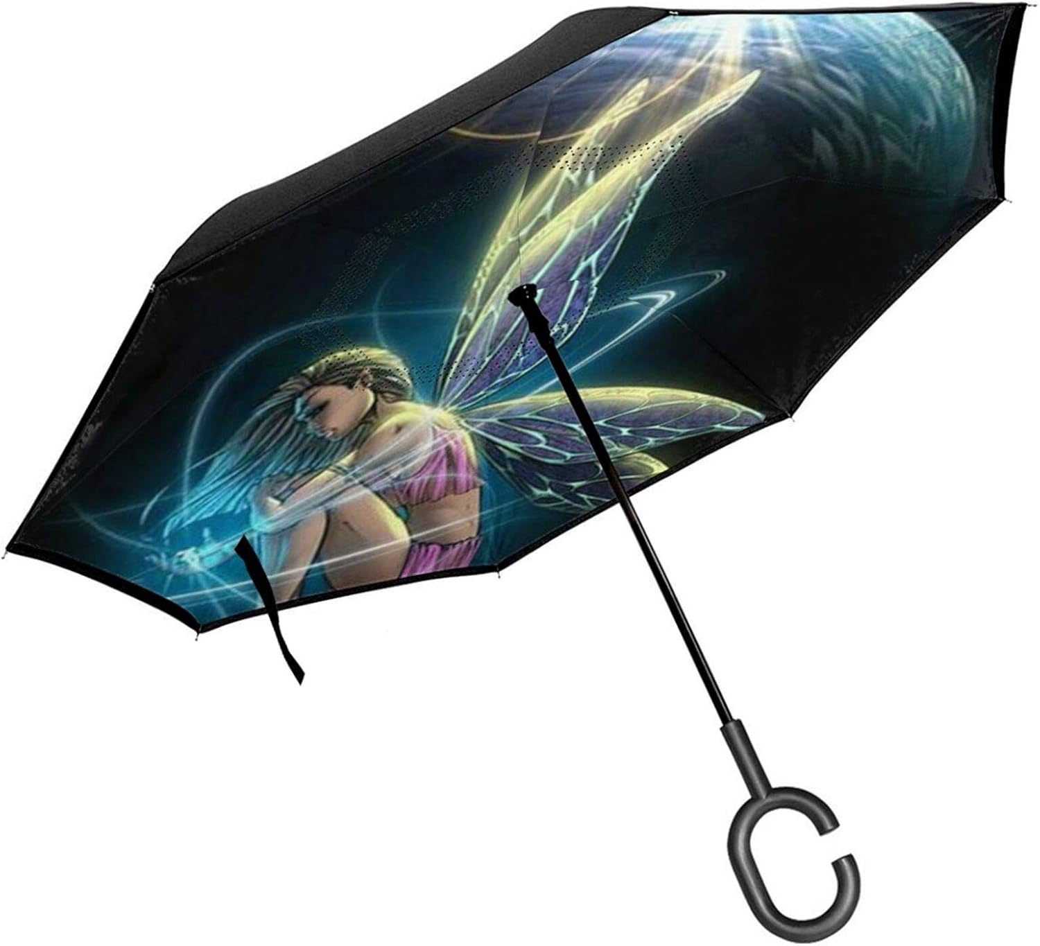 Umbrella Beautiful Fairies Elves Butterfly Windproof Uv Protection Reverse Umbrella, With C