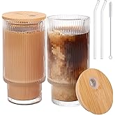 AiMQnLe Glass Cups with Bamboo Lids and Straws - 16 oz Iced Coffee Cups, Vintage Ribbed Drinking Glasses, Tumbler for Juice, Beer, Coffee, Milk, Cocktail, Water (2 Pack)
