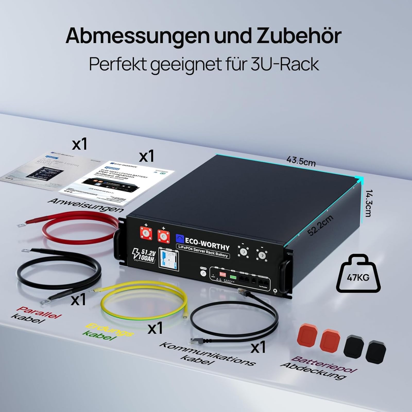 ECO-WORTHY LiFePO4 48V 100Ah Bluetooth mit 100A BMS,5.12KWh 48V Lithiumbatterie Serverschrank Solarbatterie für Solaranlage Komplettset,Photovoltaikanlage,IEC 62619 9