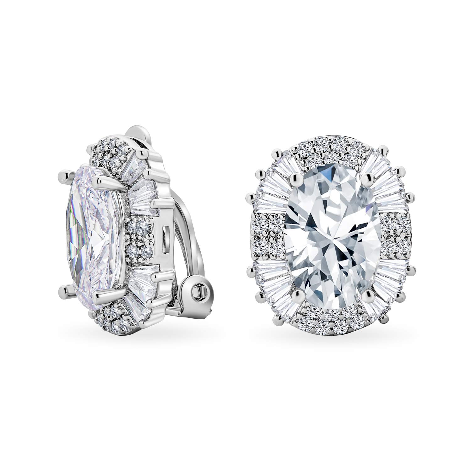 Art Deco Style Fashion Formal Holiday Party Bridal Large Oval Clear Cubic Zirconia Baguette Halo AAA CZ Stud Clip On Earrings For Women Wedding Non Pierced Ear Silver Plated