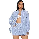 Charyeah Women Striped 2 Piece Outfits Button Down Long Sleeve Crop Top and Drawstring Shorts Matching Set
