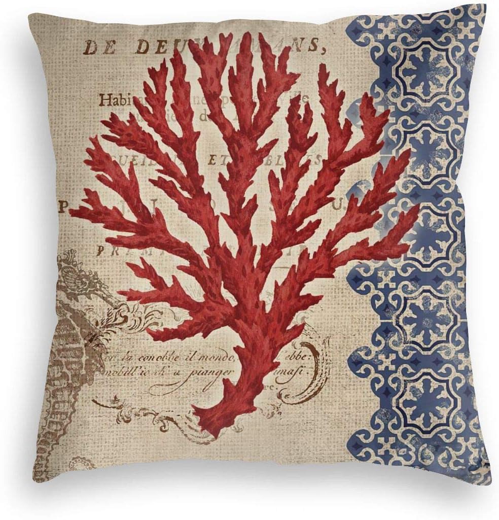 Vintage Coral Seahorse coastal Nautical beach beachy ocean Print Velvet Soft Square Pillow Covers case Home Decor Cushion Covers Decorations Gifts Pillowcase For Indoor Sofa Bedroom Car 18 X 18 Inch