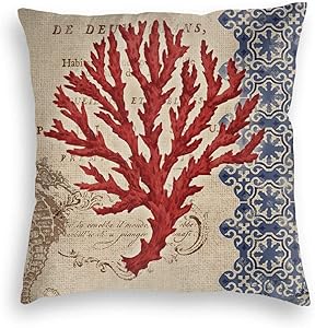 Vintage Coral Seahorse coastal Nautical beach beachy ocean Print Velvet Soft Square Pillow Covers case Home Decor Cushion Covers Decorations Gifts Pillowcase For Indoor Sofa Bedroom Car 18 X 18 Inch