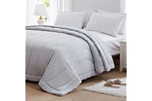 NexHome Lightweight Comforter Queen Size, Soft Down Alternative Solid Comforter, Thin Microfiber Reversible Bedding Comforter for All Seasons (Queen, Light Grey-Stripe)