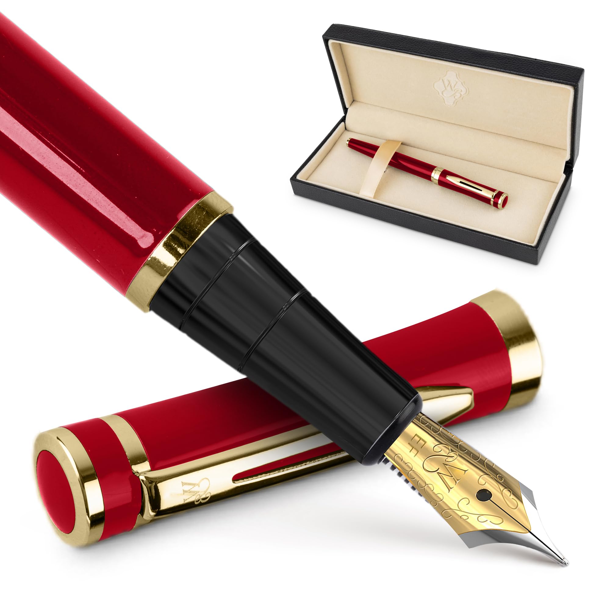Wordsworth & Black - Fountain Pen Set, Extra Fine Nib, 24 Ink Cartridges, Ink Refill Converter and Gift Box, Chrome Finish, Calligraphy, Crimson Red